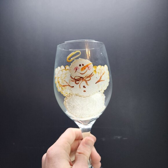 Hand Painted Snowman Angel Clear Stemmed Wine Glass 9'' Tall - Picture 2 of 6